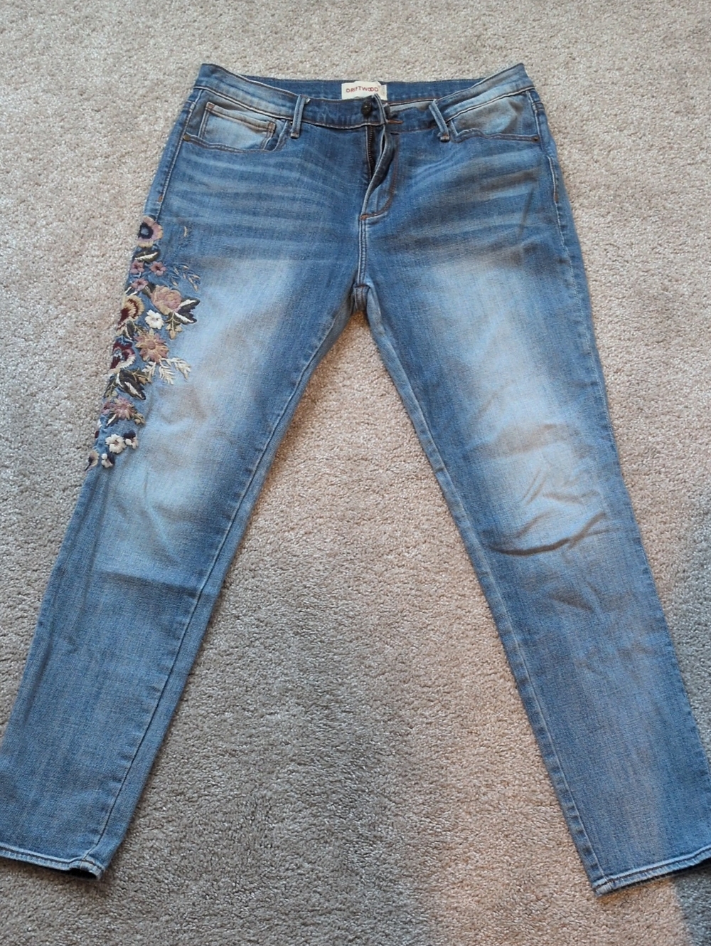 DRIFTWOOD Mid-Blue Skinny Jeans with Floral Embroidery